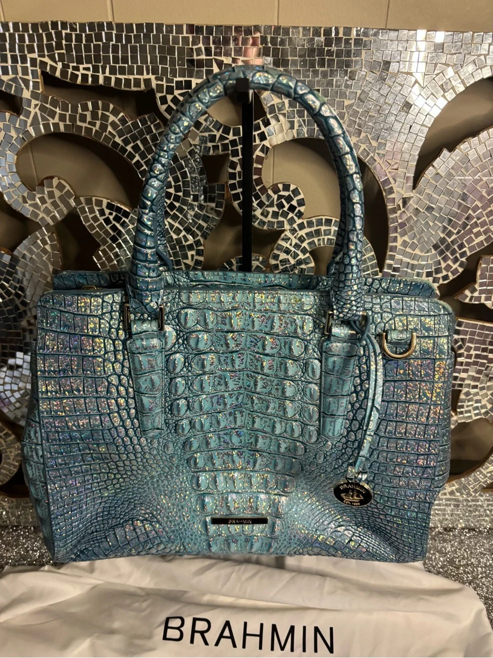🌟Brahmin Teal Croc-Embossed Leather Satchel